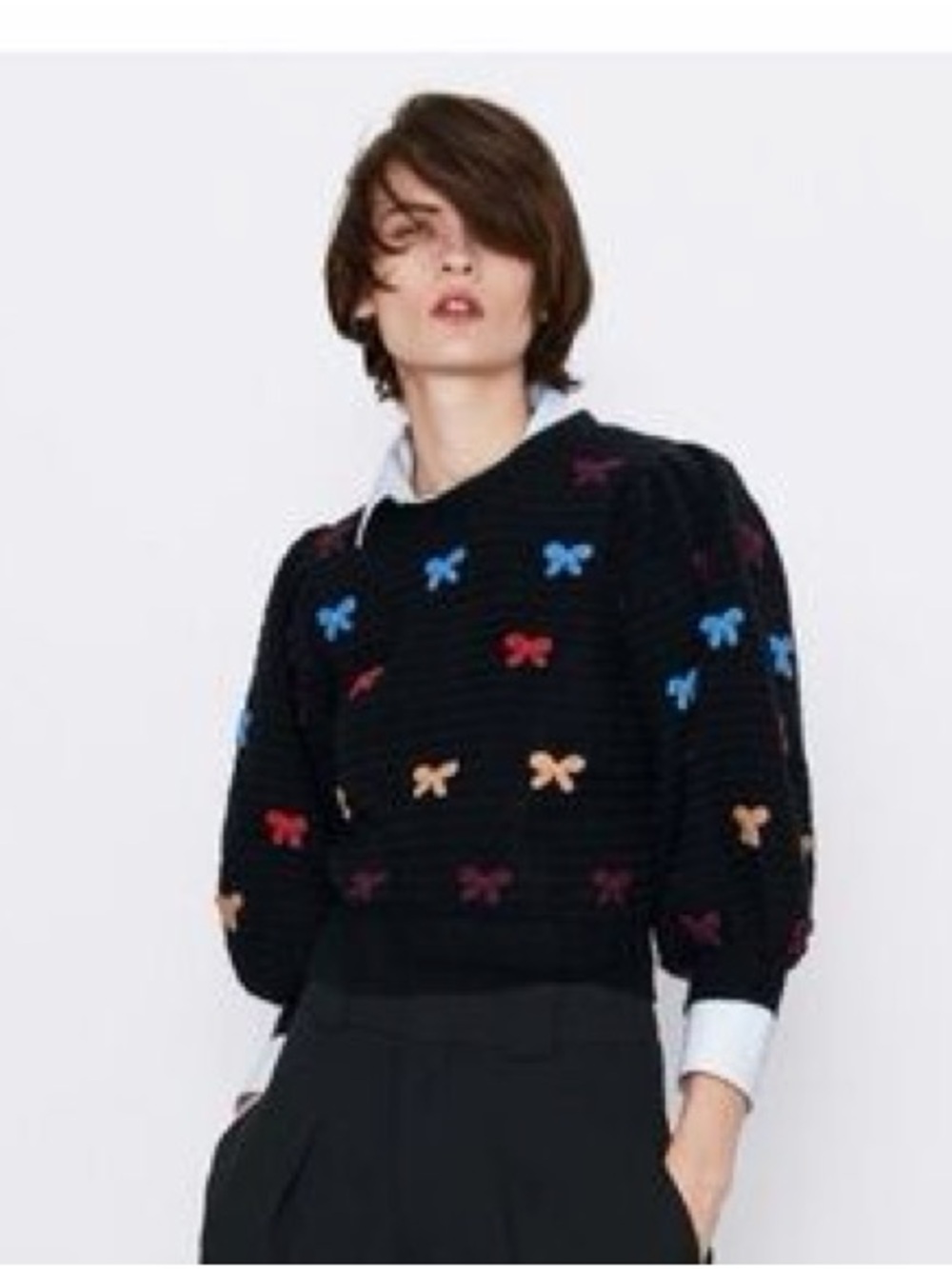 Zara Black Crewneck Cropped Sweater with Multicolor Bow Embroidery - Picture 1 of 5